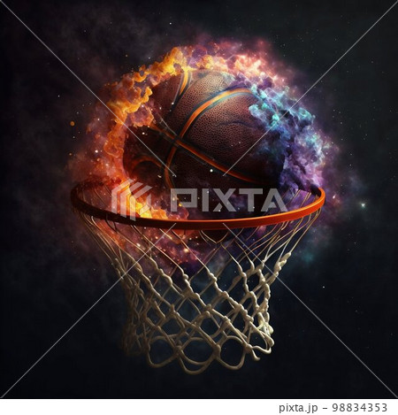 Fire ball in basketball hoop basket. Generative AI Fire ball in basketball hoop basket. Generative AI 98834353