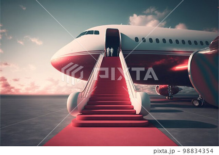 Vip luxury red carpet on stairs to private jet airplane. Generative AI 98834354