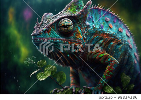 Chameleon on tree bamboo. Generative Ai Chameleon on tree bamboo. Generative Ai 98834386