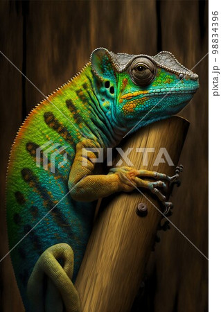 Chameleon on tree bamboo. Generative Ai 98834396