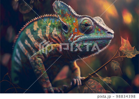 Chameleon on tree bamboo. Generative Ai 98834398