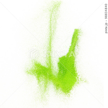 Small size green Sand flying explosion, vegetable sands grain wave explode. Abstract cloud fly. Green colored sand splash throwing in Air. White background Isolated high speed shutter, throwing freeze Small size green Sand flying explosion, vegetable sands grain wave explode. Abstract cloud fly. Green colored sand splash throwing in Air. White background Isolated high speed shutter, throwing freeze 98834840