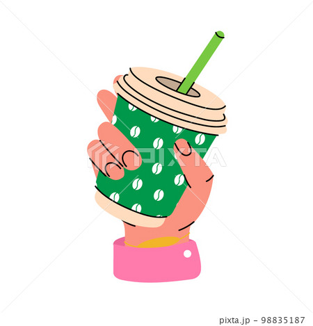 Human hand holding drink cup. Mug with coffee or tea. Coffee break, breakfast, hot drinks. Hand with coffee cup. Vector illustration Human hand holding drink cup. Mug with coffee or tea. Coffee break, breakfast, hot drinks. Hand with coffee cup. Vector illustration 98835187