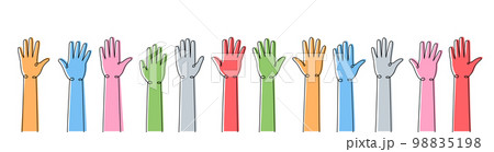 Hands up one line colored continuous drawing. Collaboration, solidarity continuous colorful one line illustration. Vector linear illustration. 98835198