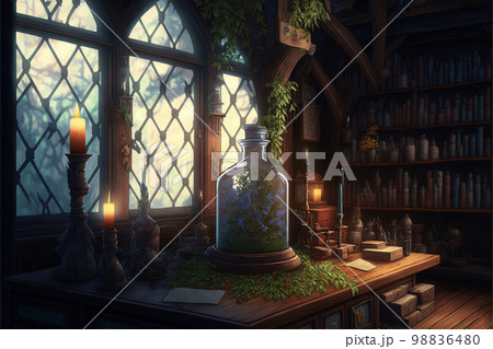 イラスト 工房 書斎 錬金術 作業場 魔法 ファンタジー 屋敷 98836480