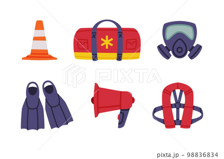 Emergency Equipment with Cone, Flippers, Megaphone, Vest, Mask and Bag Vector Set 98836834