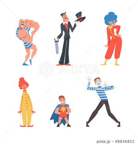 Circus Artist Character with Clown, Strongman, and Magician with Saw Performing on Stage or Arena Vector Set 98836852