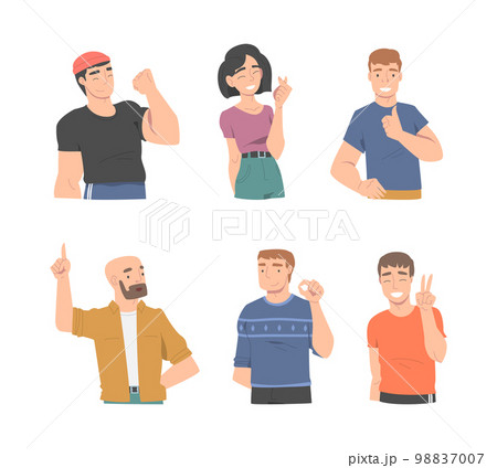 Smiling People Character Showing Different Hand Gesture Vector Illustration Set 98837007