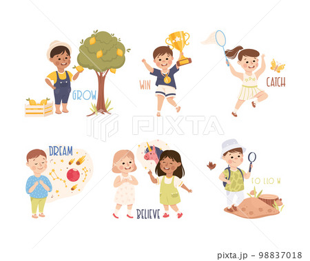 Little Boy and Girl Demonstrating Different Activity as Verb Learning Vector Set 98837018