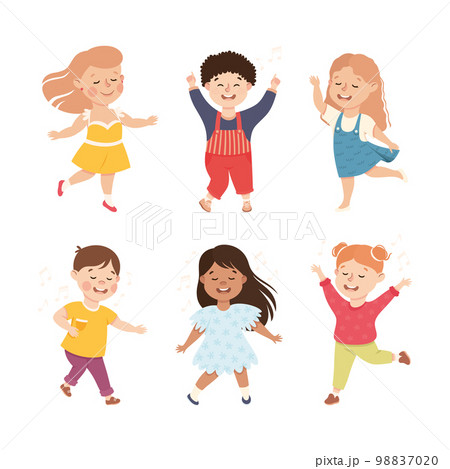 Energetic Children Dancing Moving to Music Rythm Vector Set 98837020