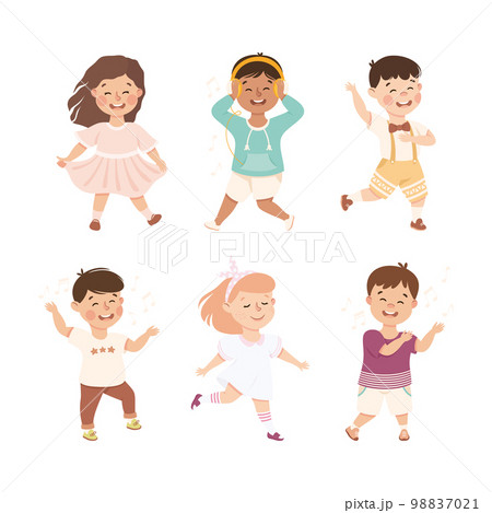 Energetic Children Dancing Moving to Music Rythm Vector Set 98837021