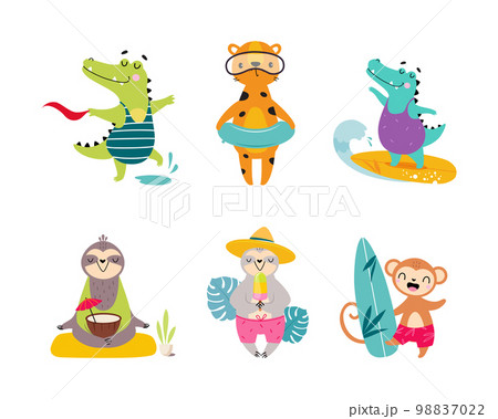 Cute African Animal Enjoying Hot Summer Activity Vector Set 98837022