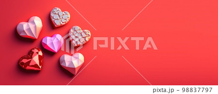Glittering 3D Heart, Diamond, and Crystal Illustration for Valentine's Day Design Background and Banner 98837797