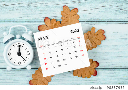 The May 2023 Monthly calendar year and alarm clock with dried leaves on blue wooden background. 98837935