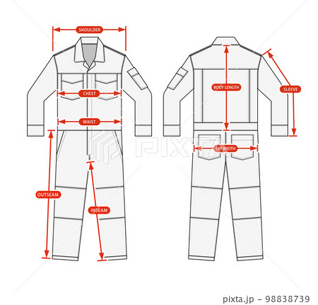 ツナギ・つなぎ服 (長袖)  サイズ表 (サイズチャート) 用ベクターイラスト  98838739