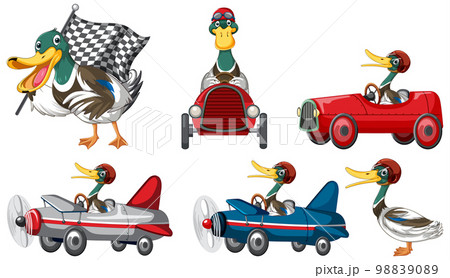 Soap box derby race with duck cartoon character 98839089