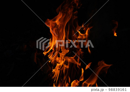 Burning flame or fire isolated on black background. stack of thermal energy close-up, red and yellow, heat energy igniting fuel during night,light on black background. 98839161