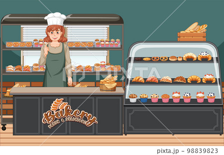 Bakery shop interior with bakery showcase Bakery shop interior with bakery showcase 98839823