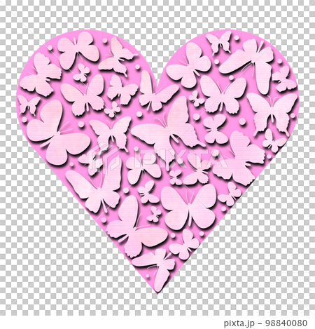 蝶々とピンクのハートのイラスト、舞い踊る蝶のハートのイラストの