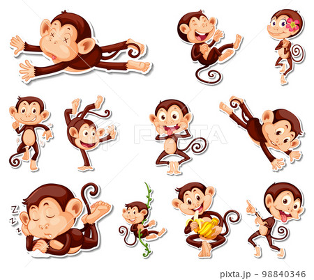 Sticker set of funny monkey cartoon characters 98840346