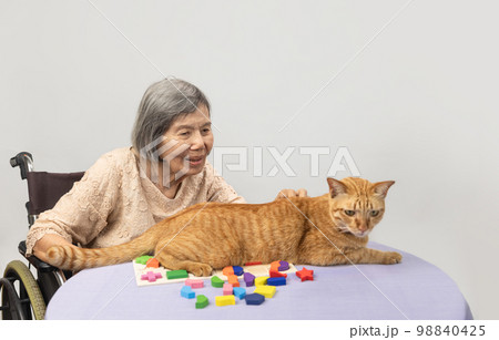 Pet therapy in dementia treatment on elderly woman. Pet therapy in dementia treatment on elderly woman. 98840425