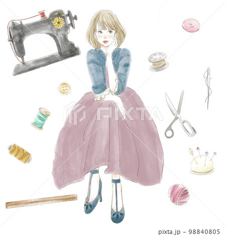 女性と裁縫小物のイラスト 98840805