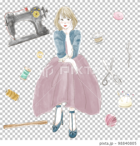 女性と裁縫小物のイラスト 98840805