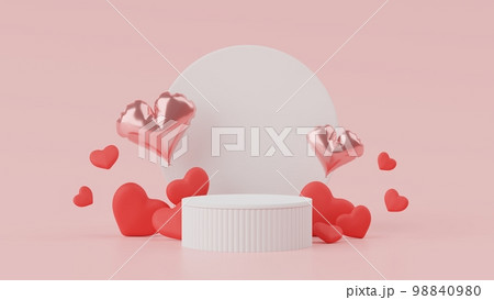 Happy Valentines Day. Minimal sweet love scene with display podium for mock up and product brand presentation. Pink Pedestal stand. Cute lovely heart background. Love day's design style. 3D render. Happy Valentines Day. Minimal sweet love scene with display podium for mock up and product brand presentation. Pink Pedestal stand. Cute lovely heart background. Love day's design style. 3D render. 98840980