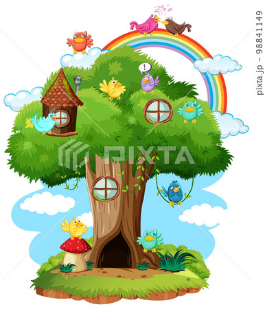 Fairy tree house with many birds 98841149