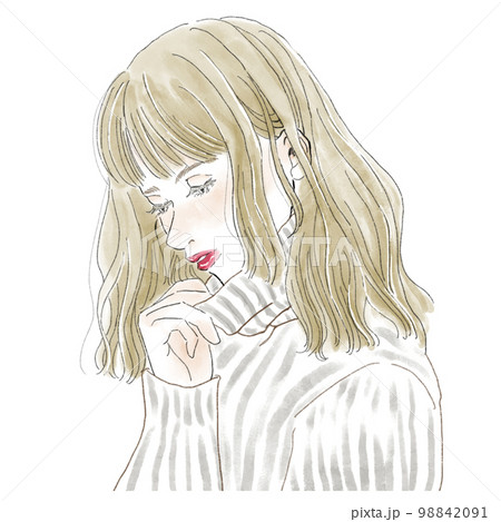 襟元を触りながら俯く女性イラスト 襟元を触りながら俯く女性イラスト 98842091