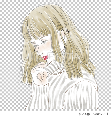 襟元を触りながら俯く女性イラスト 襟元を触りながら俯く女性イラスト 98842091