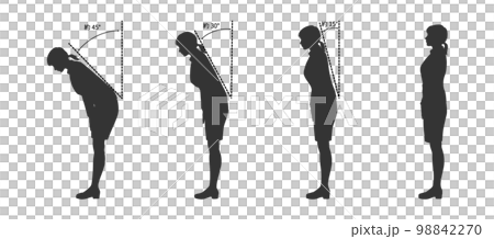 15度 30度 45度の角度でお辞儀するビジネスウーマン女性の全身横向きのシルエットセット 98842270