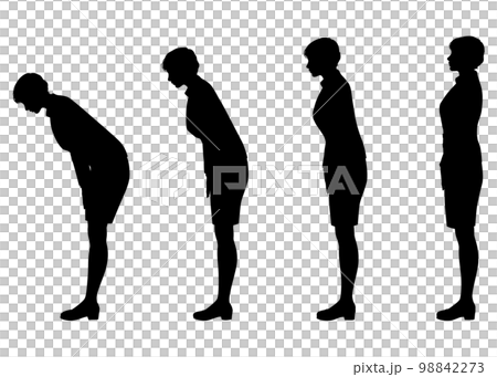 ショートボブの女性が15度 30度 45度の角度でお辞儀する全身横向きのシルエットのイラスト 98842273
