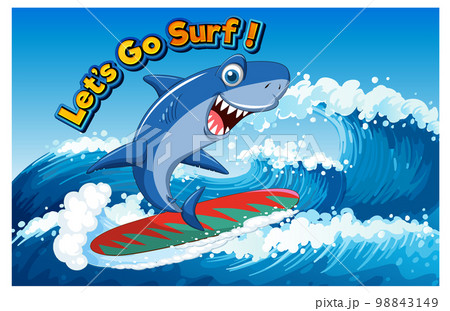 Cute shark surfing cartoon ocean scene 98843149