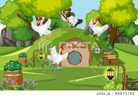 Hobbit house with chicken family Hobbit house with chicken family 98843283