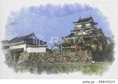 水彩画風　浜松城　天守閣と天守門　静岡県浜松市 98844024