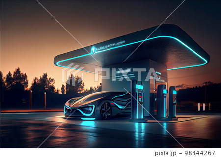 Glimpse into the future of sustainable driving with this breathtaking illustration of a state-of-the-art hydrogen gas station cutting-edge vehicles - a supercar with LED lights electric car 98844267