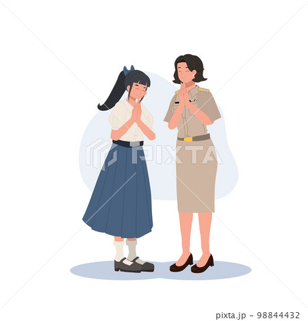 Thai female student in student uniform greeting "Sawasdee" to female Thai Teacher. Back to school. Flat vector illustration Thai female student in student uniform greeting "Sawasdee" to female Thai Teacher. Back to school. Flat vector illustration 98844432