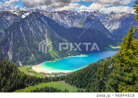 View from the summit of Rofan, turquoise Achensee near Maurach, Austria, Europe 98844818