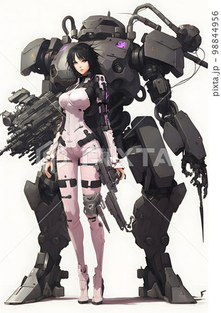 戦闘服を着た少女　後ろに立っている大きなロボット「AI生成画像」 98844956