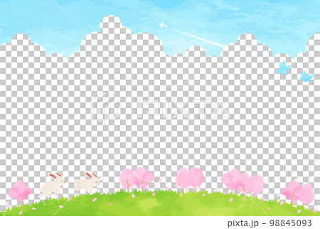 簡單可愛的兔子和櫻花樹風景插畫 98845093