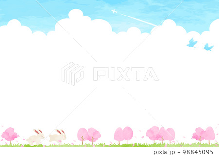 シンプルな手描きのウサギと春の風景イラスト 98845095