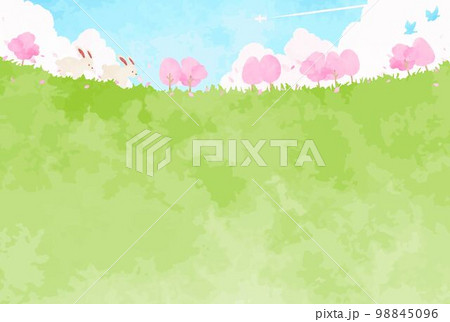 自然溢れる春の風景と可愛いウサギのイラスト 98845096