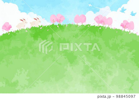 シンプルな丘と桜並木とウサギの春の風景イラスト シンプルな丘と桜並木とウサギの春の風景イラスト 98845097