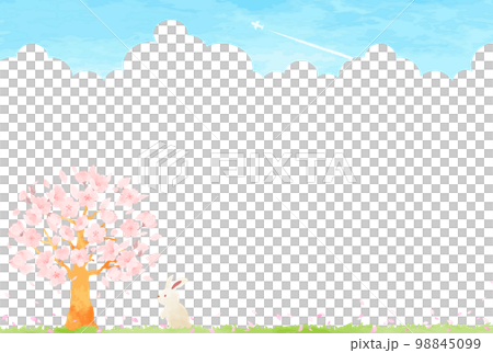 Gentle hand drawn rabbit and cherry tree and landscape illustration Gentle hand drawn rabbit and cherry tree and landscape illustration 98845099