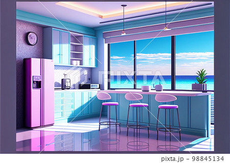 オーシャンビュー パステルカラーのダイニングキッチン AI画像 オーシャンビュー パステルカラーのダイニングキッチン AI画像 98845134