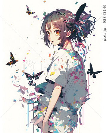 蝶が舞う 可愛い女性 アニメ風イラスト「AI生成画像」のイラスト