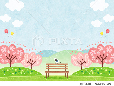 桜の咲く公園のベンチにとまる小鳥 春の水彩背景イラストのイラスト