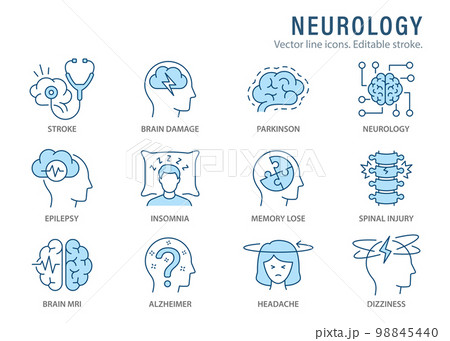 Neurology icons such as Alzheimer's disease, Parkinson, insomnia, epilepsy and more. Editable stroke. 98845440