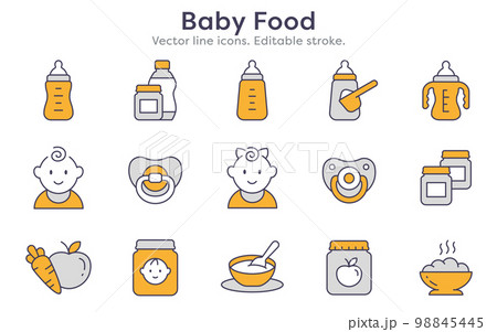 Baby food line icons, such as milk, jar, powder, porridge and more. Editable stroke. Baby food line icons, such as milk, jar, powder, porridge and more. Editable stroke. 98845445